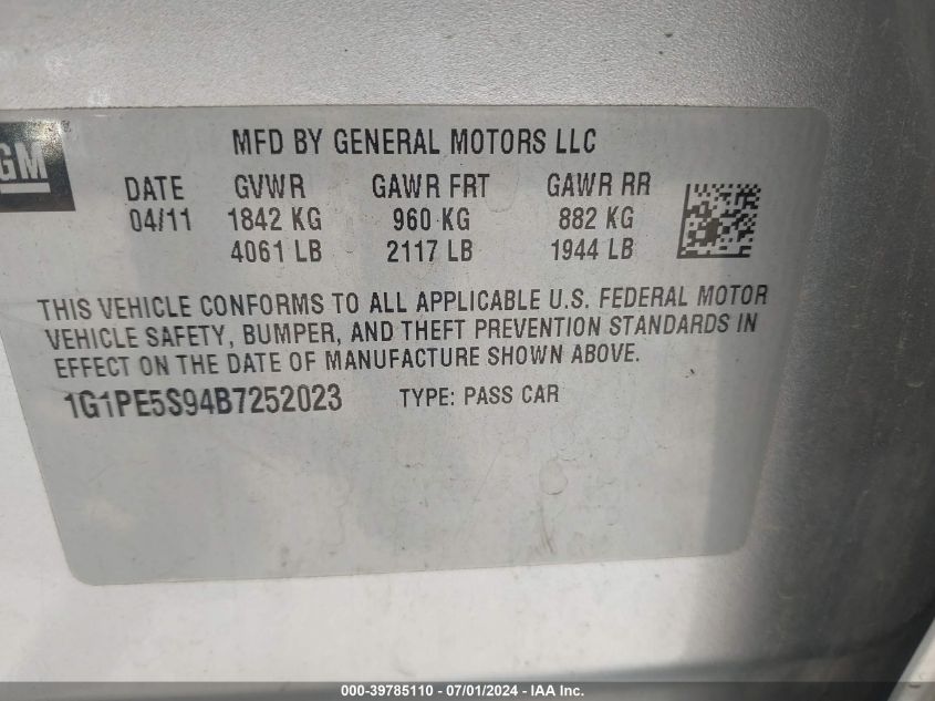 2011 Chevrolet Cruze Lt VIN: 1G1PE5S94B7252023 Lot: 39785110