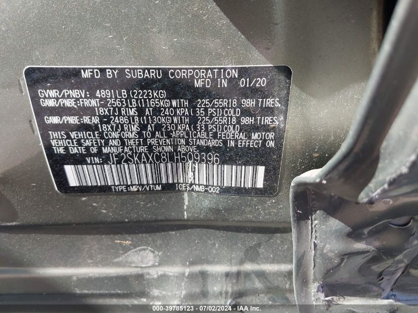 2020 Subaru Forester Touring VIN: JF2SKAXC8LH509396 Lot: 39785123