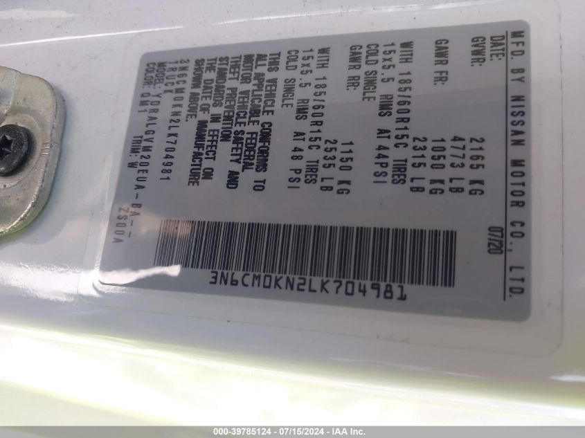 2020 NISSAN NV200 COMPACT CARGO SV XTRONIC CVT 3N6CM0KN2LK704981