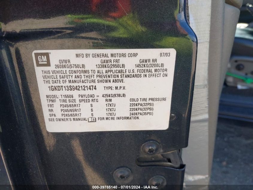 2004 GMC Envoy Slt VIN: 1GKDT13S942121474 Lot: 39785140
