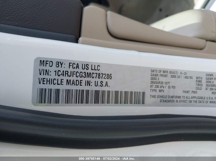 2021 Jeep Grand Cherokee Overland 4X4 VIN: 1C4RJFCG3MC787286 Lot: 39785146