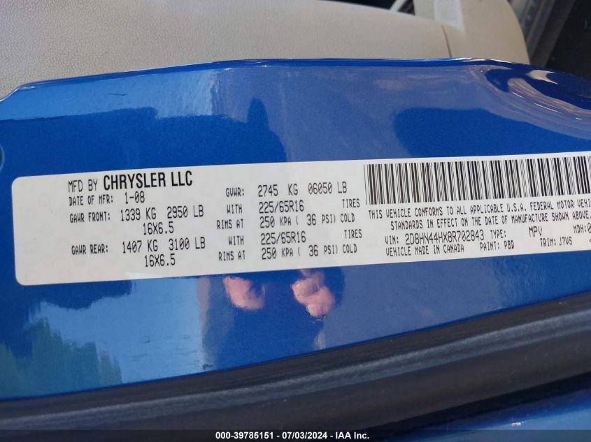 2008 Dodge Grand Caravan Se VIN: 2D8HN44HX8R702843 Lot: 39785151