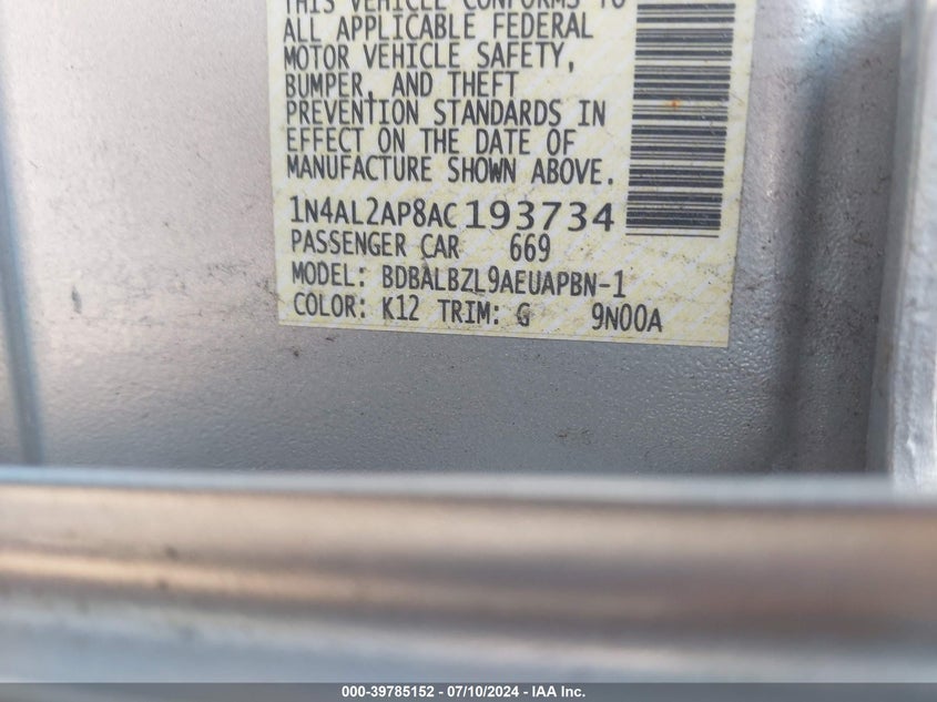 2010 Nissan Altima S VIN: 1N4AL2AP8AC193734 Lot: 39785152