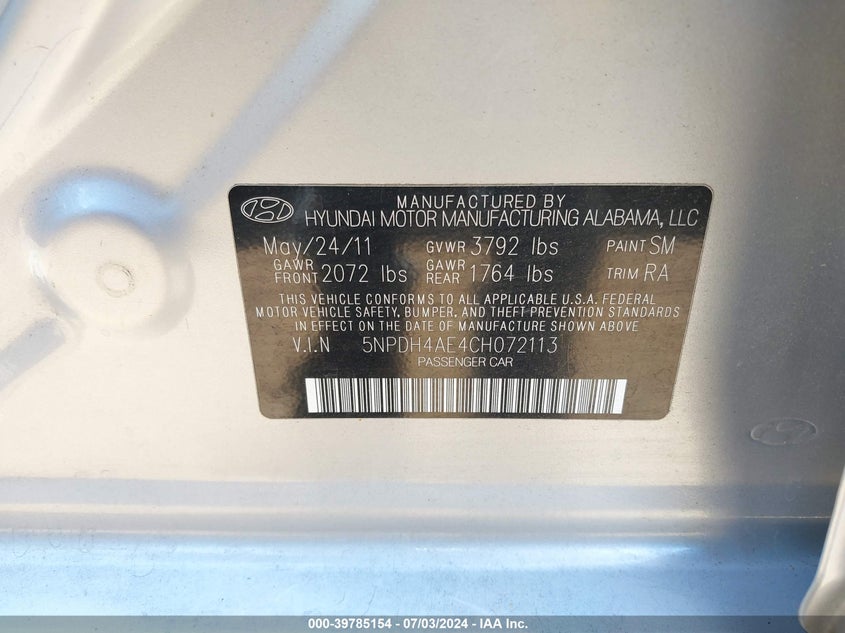 2012 Hyundai Elantra Gls VIN: 5NPDH4AE4CH072113 Lot: 39785154