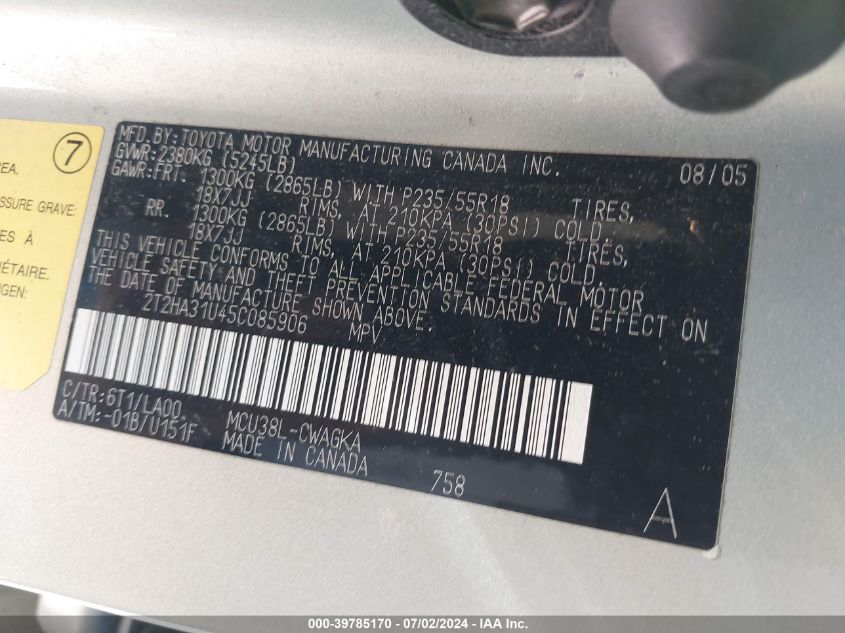 2005 Lexus Rx 330 VIN: 2T2HA31U45C085906 Lot: 39785170