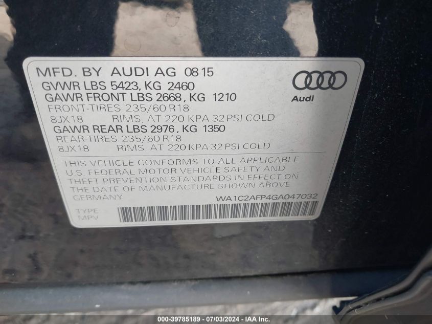 2016 Audi Q5 Premium VIN: WA1C2AFP4GA047032 Lot: 39785189