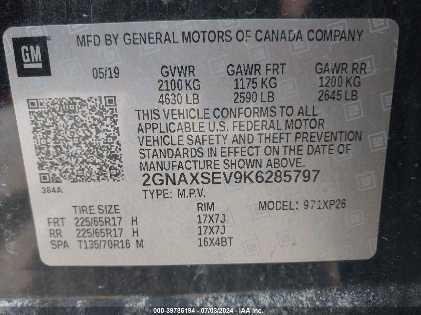 2019 Chevrolet Equinox Ls VIN: 2GNAXSEV9K6285797 Lot: 39785194