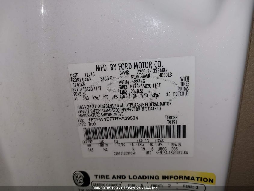 2011 Ford F-150 Lariat VIN: 1FTFW1EF7BFA29524 Lot: 39785199