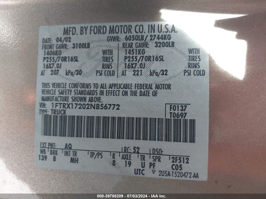 2002 Ford F-150 Xl/Xlt VIN: 1FTRX17202NB56772 Lot: 39785209