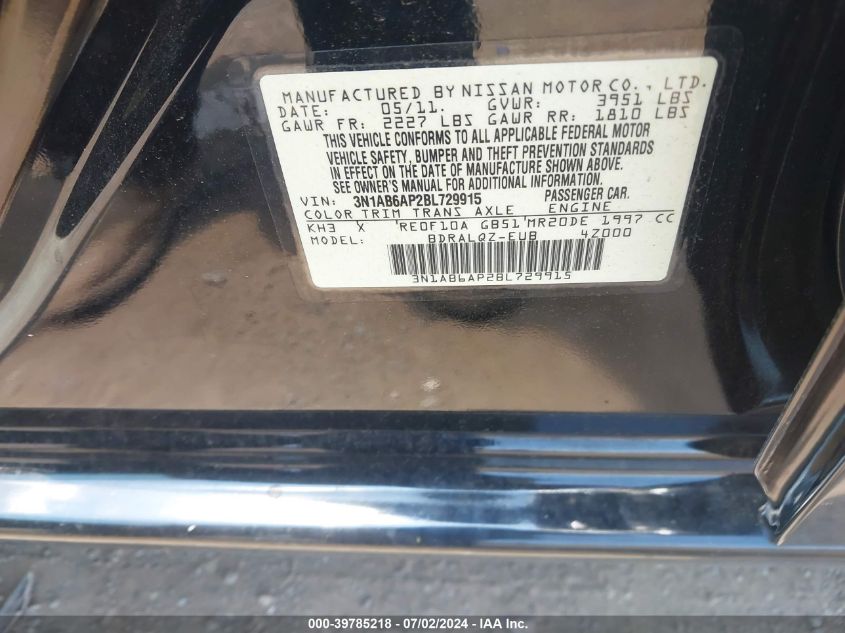 2011 Nissan Sentra 2.0 VIN: 3N1AB6AP2BL729915 Lot: 39785218