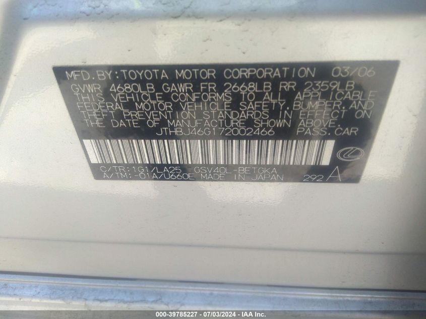 2007 Lexus Es 350 VIN: JTHBJ46G172002466 Lot: 39785227