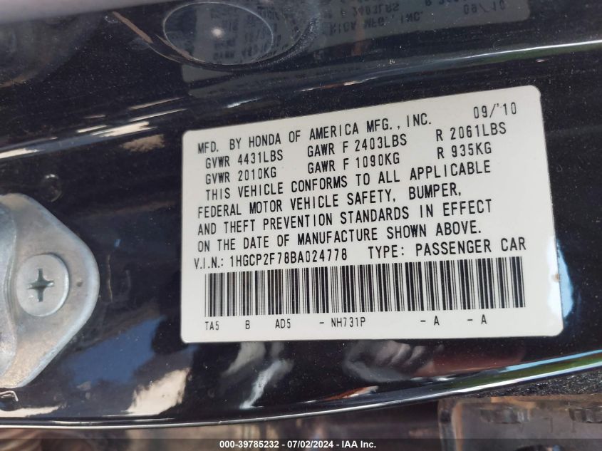 1HGCP2F78BA024778 2011 Honda Accord 2.4 Ex