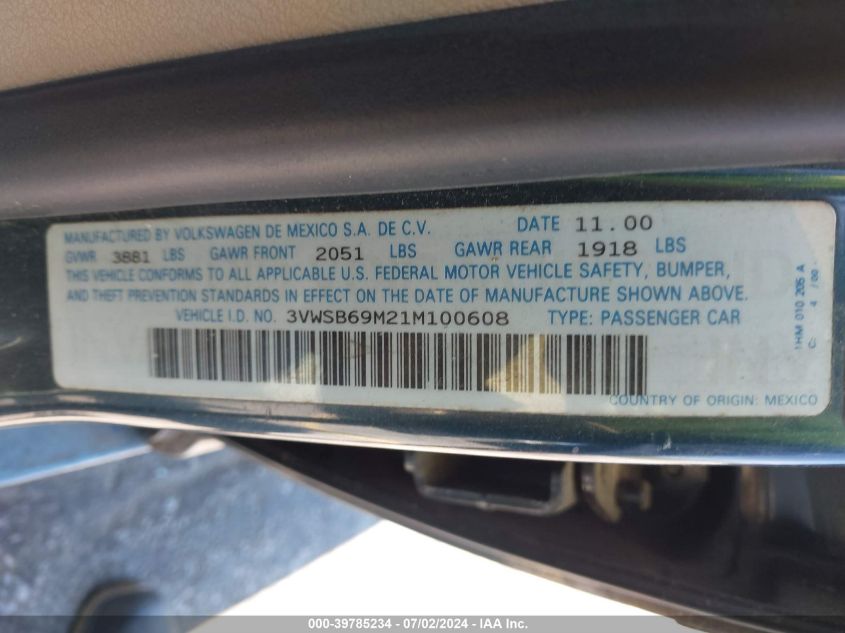 2001 Volkswagen Jetta Gls VIN: 3VWSB69M21M100608 Lot: 39785234
