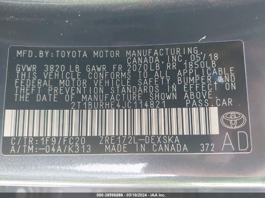 2018 TOYOTA COROLLA SE - 2T1BURHE4JC114821