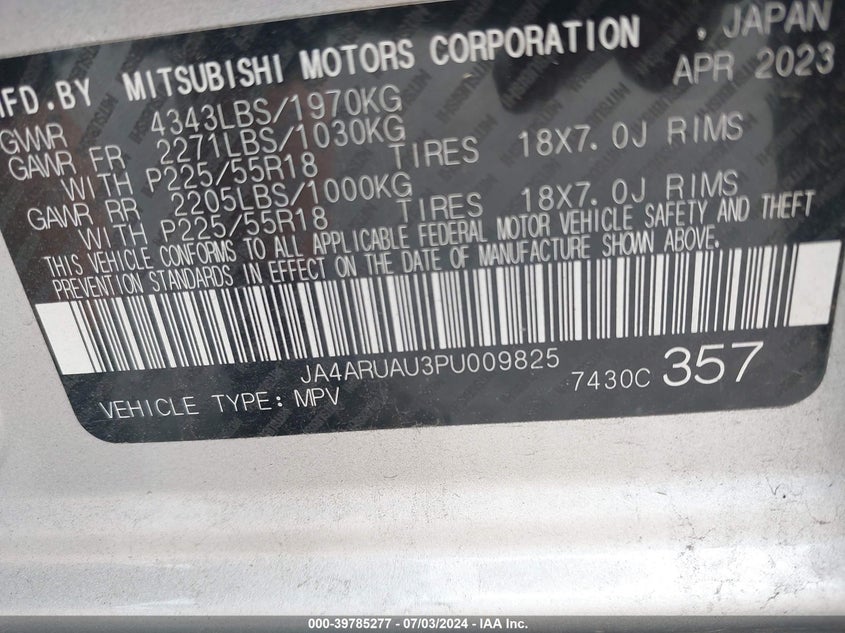 2023 Mitsubishi Outlander Sport 2.0 Le Awc VIN: JA4ARUAU3PU009825 Lot: 39785277