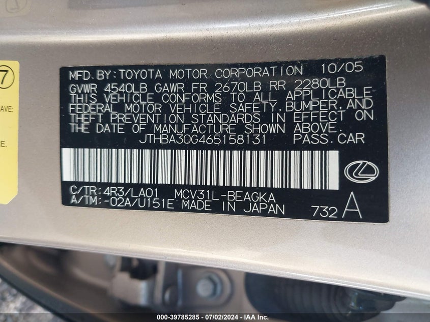 2006 Lexus Es 330 VIN: JTHBA30G465158131 Lot: 39785285