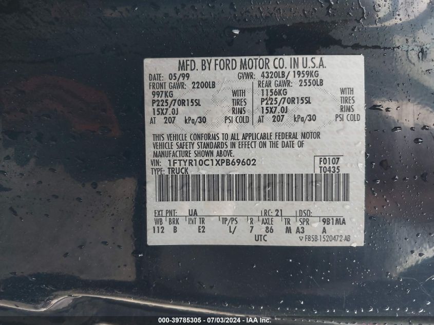 1999 Ford Ranger Xl/Xlt VIN: 1FTYR10C1XPB69602 Lot: 39785305