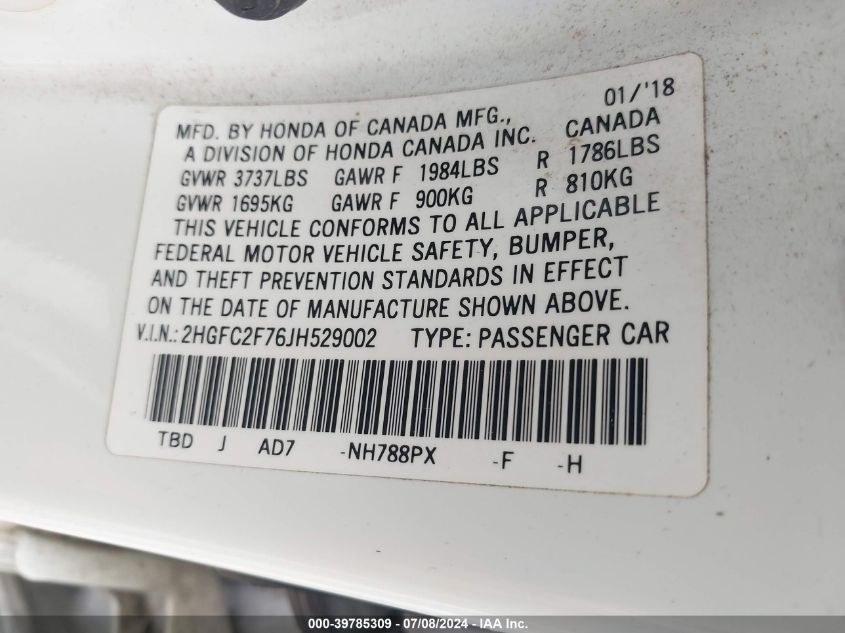 2018 Honda Civic Ex VIN: 2HGFC2F76JH529002 Lot: 39785309