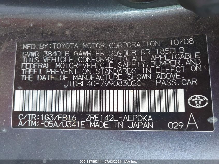 2009 Toyota Corolla Le VIN: JTDBL40E799083020 Lot: 39785314