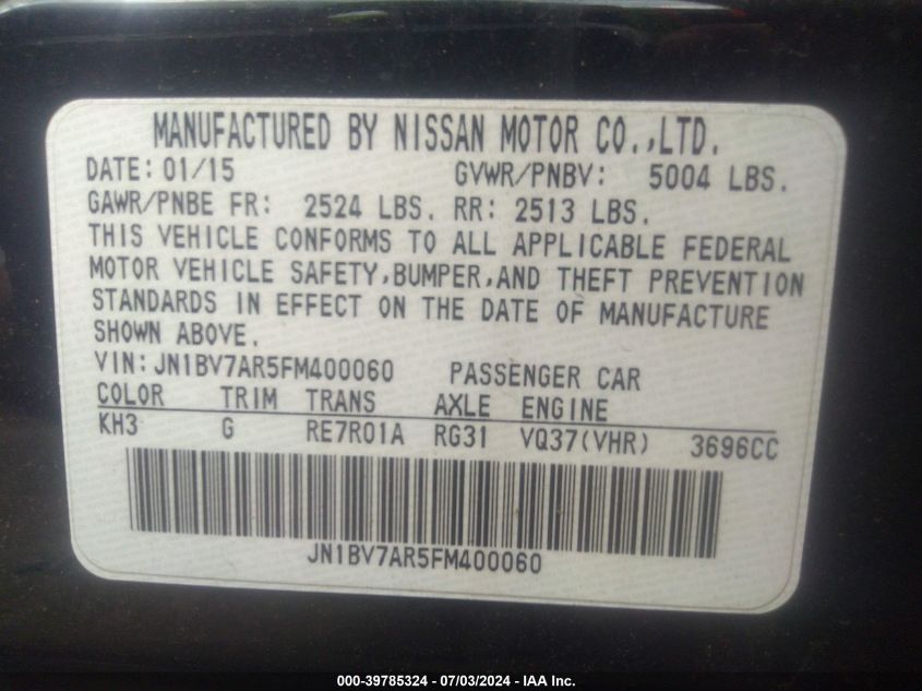 2015 Infiniti Q50 Sport VIN: JN1BV7AR5FM400060 Lot: 39785324