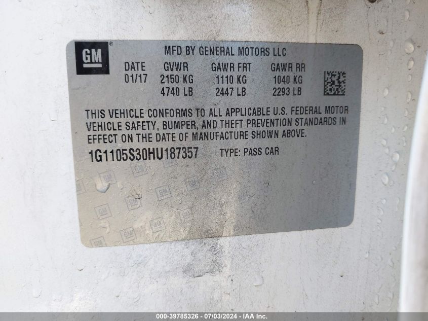 2017 Chevrolet Impala Lt VIN: 1G1105S30HU187357 Lot: 39785326