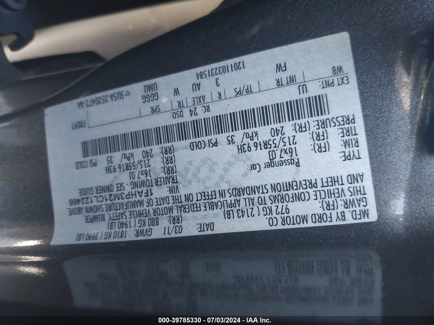 2012 Ford Focus Sel VIN: 1FAHP3M21CL122466 Lot: 39785330