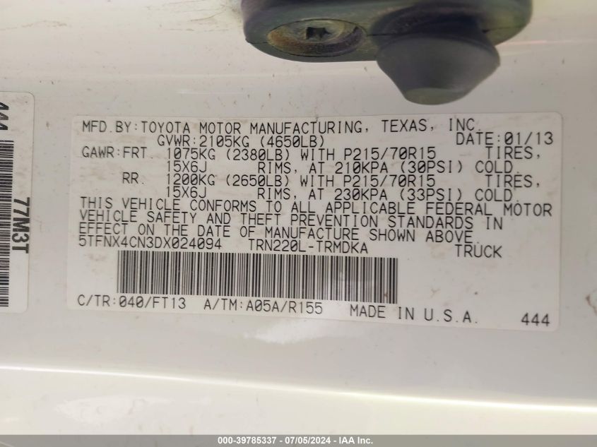 2013 Toyota Tacoma VIN: 5TFNX4CN3DX024094 Lot: 39785337