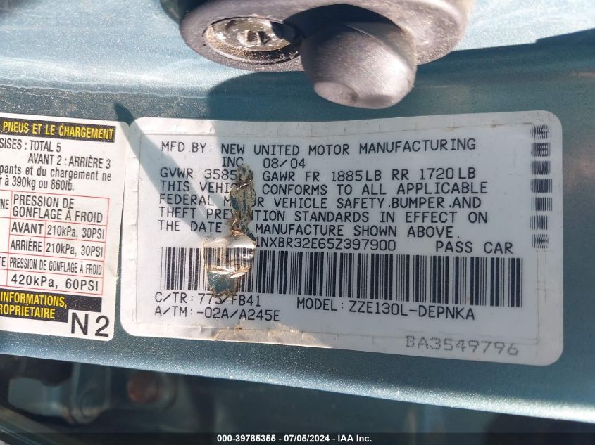 2005 Toyota Corolla Le VIN: 1NXBR32E65Z397900 Lot: 39785355