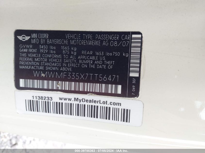 2007 Mini Cooper VIN: WMWMF335X7TT56471 Lot: 39785363