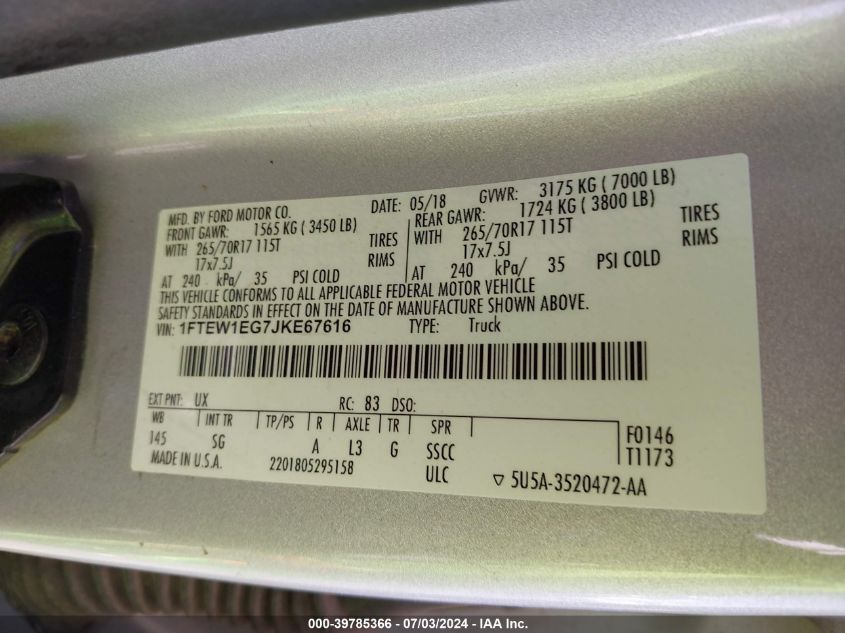 2018 Ford F-150 Xl VIN: 1FTEW1EG7JKE67616 Lot: 39785366