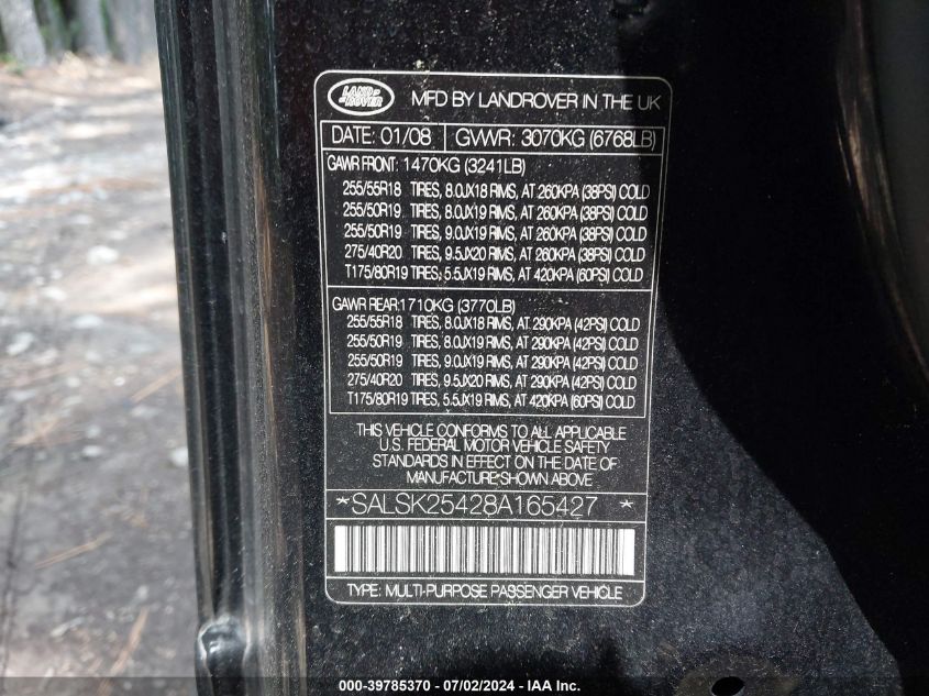 2008 Land Rover Range Rover Sport Hse VIN: SALSK25428A165427 Lot: 39785370