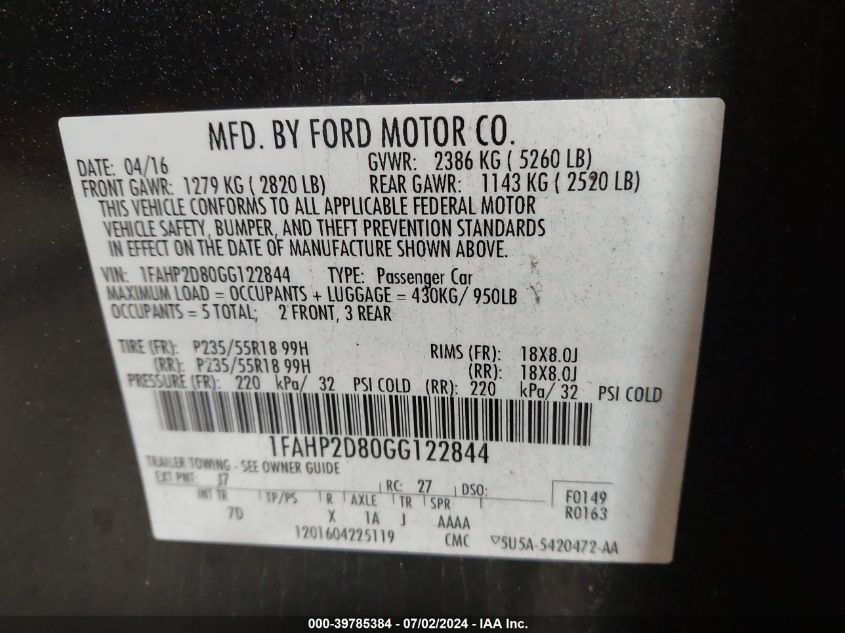 2016 FORD TAURUS SE - 1FAHP2D80GG122844