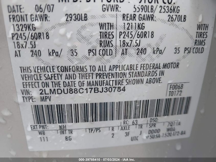 2007 Lincoln Mkx VIN: 2LMDU88C17BJ30784 Lot: 39785410
