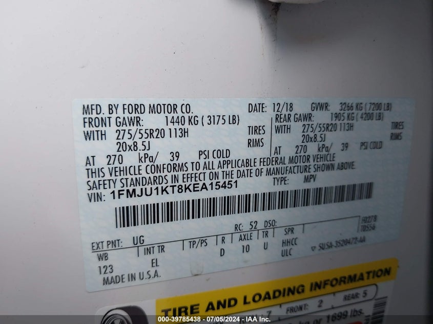 2019 FORD EXPEDITION LIMITED - 1FMJU1KT8KEA15451