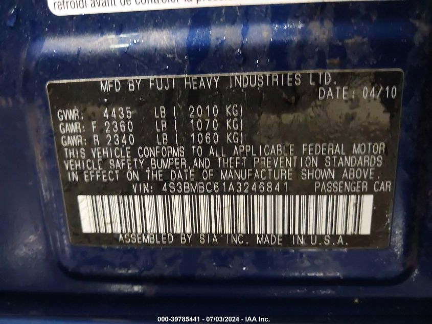 2010 Subaru Legacy 2.5I Premium VIN: 4S3BMBC61A3246841 Lot: 39785441