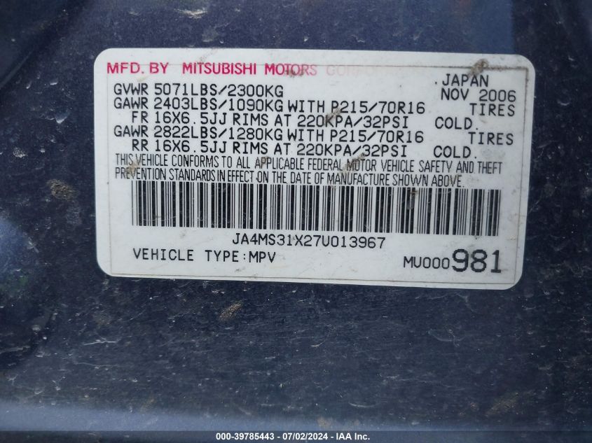 JA4MS31X27U013967 2007 Mitsubishi Outlander Es/Ls