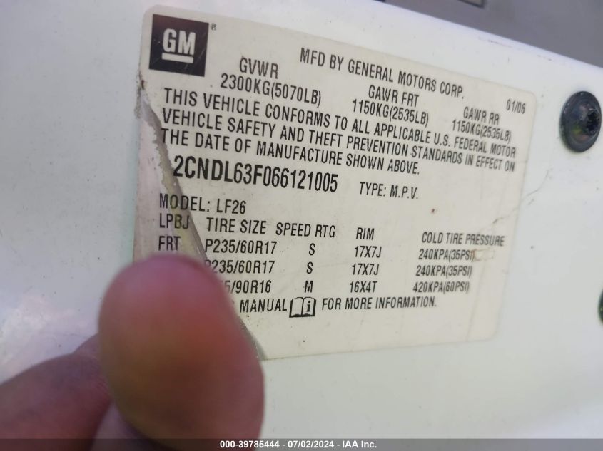 2006 Chevrolet Equinox Lt VIN: 2CNDL63F066121005 Lot: 39785444