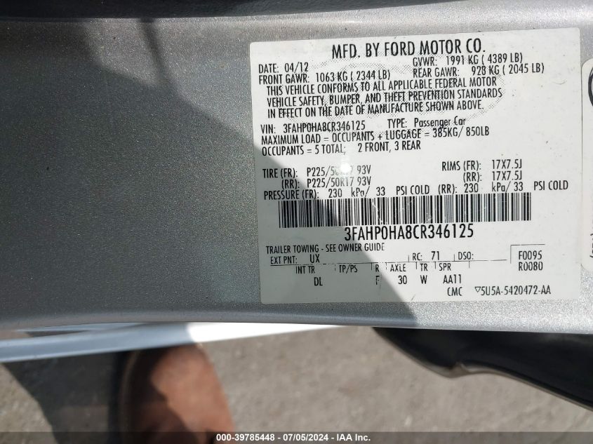 2012 Ford Fusion Se VIN: 3FAHP0HA8CR346125 Lot: 39785448