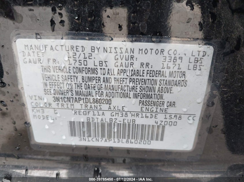 2013 Nissan Versa 1.6 Sv VIN: 3N1CN7AP1DL860200 Lot: 39785450