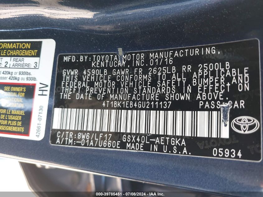 2016 Toyota Avalon Xle Plus VIN: 4T1BK1EB4GU211137 Lot: 39785451