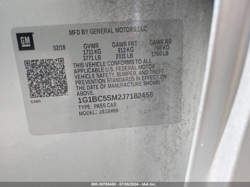 2018 Chevrolet Cruze Ls Auto VIN: 1G1BC5SM2J7182458 Lot: 39785458