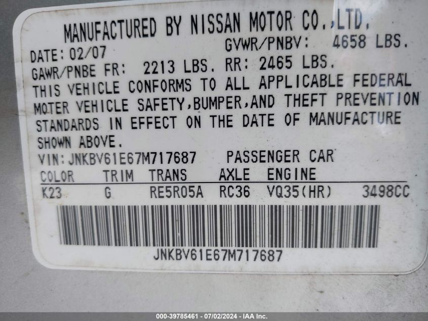 2007 Infiniti G35 Journey VIN: JNKBV61E67M717687 Lot: 39785461