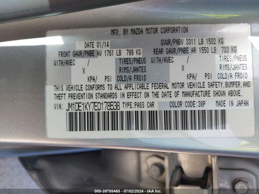 2014 Mazda Mazda2 Sport VIN: JM1DE1KY7E0178538 Lot: 39785465