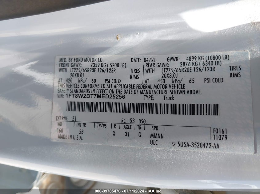 2021 Ford F-250 Lariat VIN: 1FT8W2BT7MED25256 Lot: 39785476