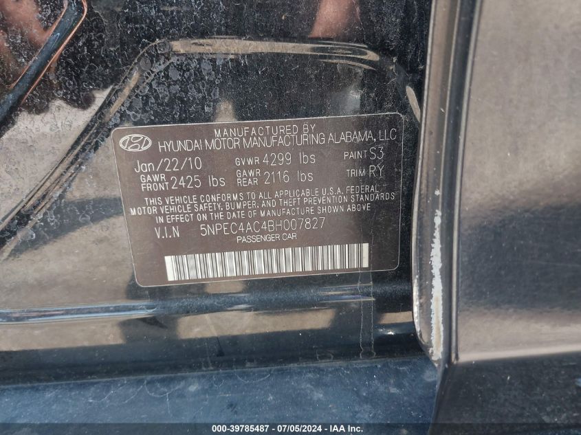 2011 Hyundai Sonata Limited VIN: 5NPEC4AC4BH007827 Lot: 39785487