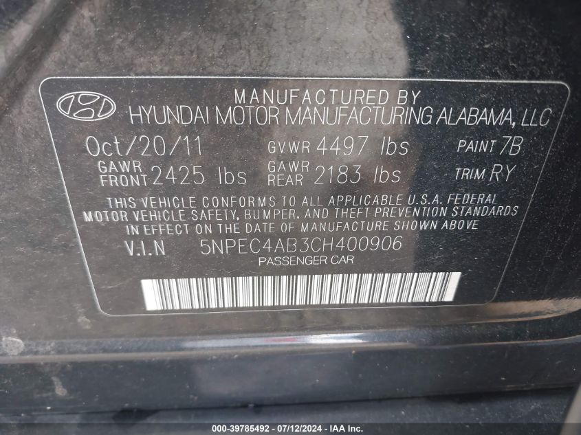 5NPEC4AB3CH400906 2012 Hyundai Sonata Se 2.0T