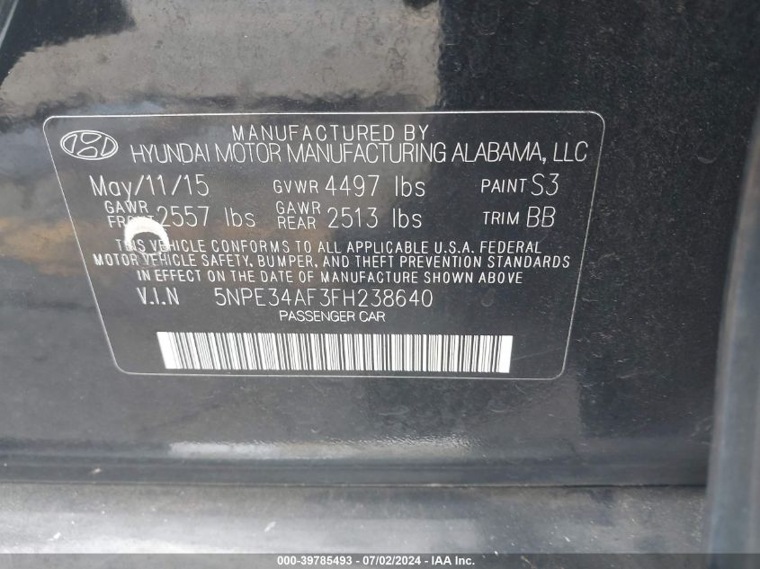 2015 Hyundai Sonata Sport/Limited VIN: 5NPE34AF3FH238640 Lot: 39785493