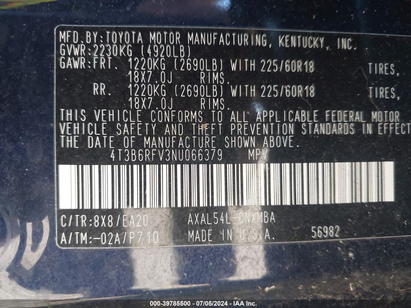 2022 Toyota Rav4 Hybrid Xle Premium VIN: 4T3B6RFV3NU066379 Lot: 39785500