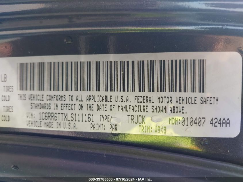 2020 Ram 1500 Classic Slt 4X2 6'4 Box VIN: 1C6RR6TTXLS111161 Lot: 39785503