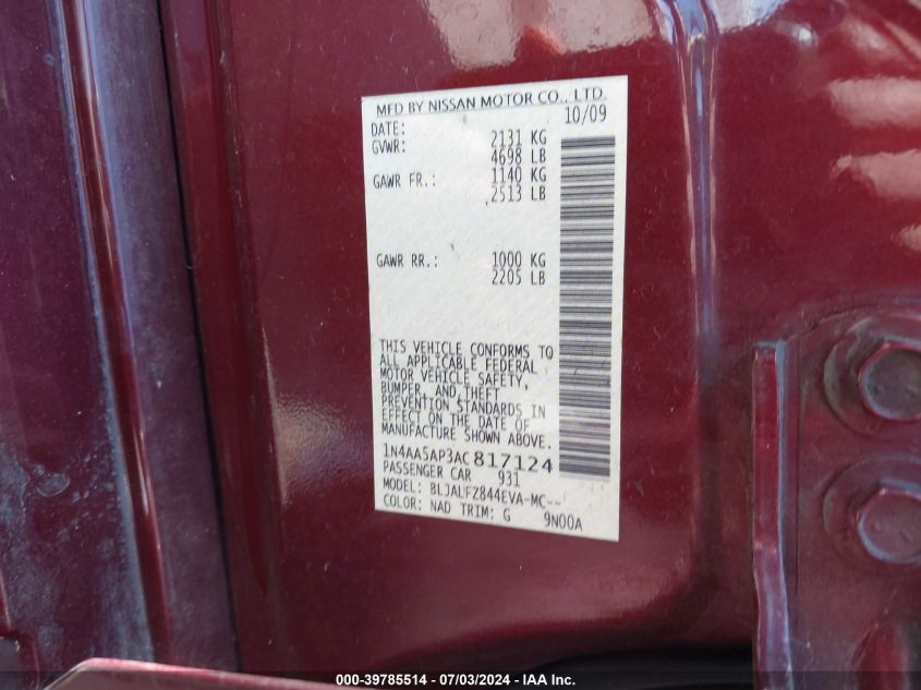 2010 Nissan Maxima 3.5 Sv VIN: 1N4AA5AP3AC817124 Lot: 39785514